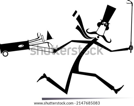Cartoon man in the top hat running to play golf. 
Running long mustache gentleman in the top hat with a golf club and golf bag. Black on white background
