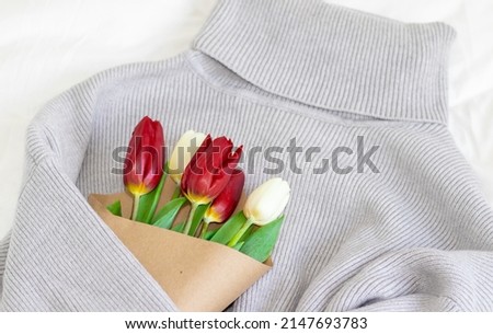 bouquet of red and white color tulips wrapped in a gray sweater. International Women's Day on March 8, birthday, valentine's day. wool sweater hugging flowers, bed, white blanket.  