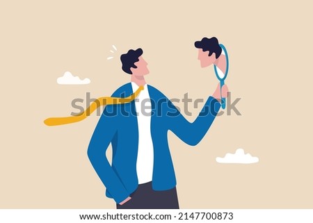 Self awareness, aware of different aspect of self, behaviors and feelings, psychology state of oneself becomes focus of attention, businessman found himself from mirror thinking about self awareness. Royalty-Free Stock Photo #2147700873