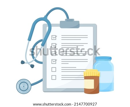 Illustration of a medical chart. Stethoscope, medicine and medical certificate. Vector image of a hospital visit and prescription.