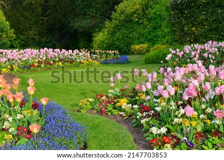 Scenic view of a beautiful garden with grass lawn and flowers in bloom Royalty-Free Stock Photo #2147703853