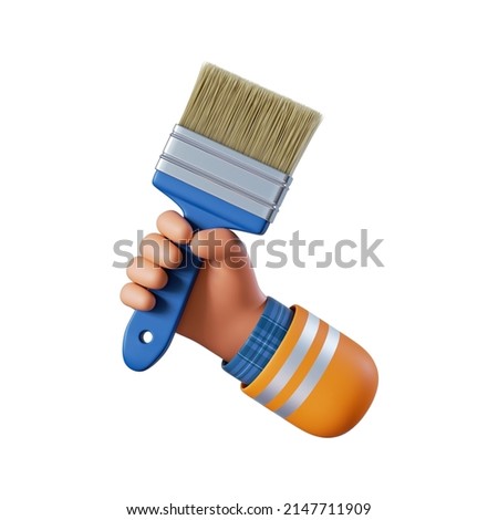 3d render, cartoon caucasian human hand holds paint brush. Professional painter with equipment. Construction icon. Renovation service clip art isolated on white background