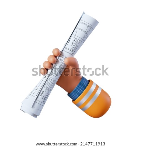 3d render, cartoon human hand holds blueprint scroll. Professional developer. Construction icon. Renovation service clip art isolated on white background