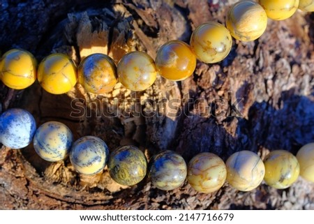 Beads made of natural yellow dendric opal on a woody background.