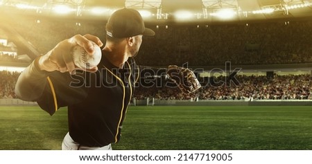 Sport event. Professional baseball player taking a shot during match in crowed sport stadium at evening time. Sport, win, winner, competition concepts. Collage, poster, flyer for ad