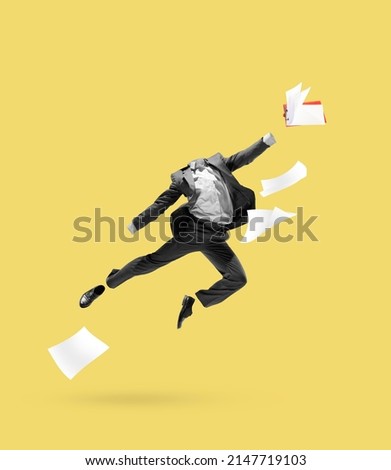 Start up. Contemporary art collage with invisible man, ballet dancer wearing business style suit jumping, dancing on yellow background. Concept of fashion, creativity, beauty, business and ad. Royalty-Free Stock Photo #2147719103