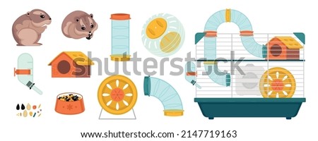Hamster cage wheel set with isolated icons of domestic enclosure box with drinking bowl spin cycle vector illustration Royalty-Free Stock Photo #2147719163