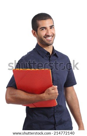 Adult casual arab man student posing standing holding folders isolated on a white background
