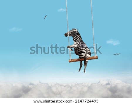 Illustration image of zebra swinging on swing bar over blue sky with clouds foam Royalty-Free Stock Photo #2147724493