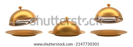 Gold tray with closed and open cloche in different angle view. Realistic set of empty golden plates with dome lids for serving hot food in restaurant, isolated on white background, 3d render mockup