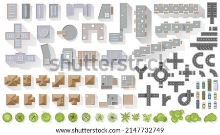 Set of elements top view for landscape design. Buildings and trees for map of City. Collection, kit of Objects. House, factory, skyscraper, hotel, manufacturing. Isolated Vector element from above Royalty-Free Stock Photo #2147732749