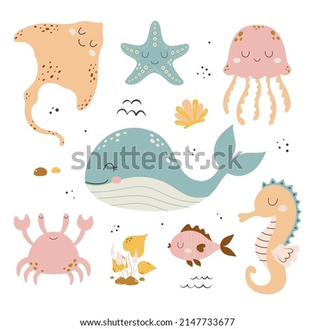 cute baby sea fishes, crab, whale, stingray and algae, vector cartoon underwater animals collection, jellyfish, starfish, seahorse and shell, ocean and sea life illustration