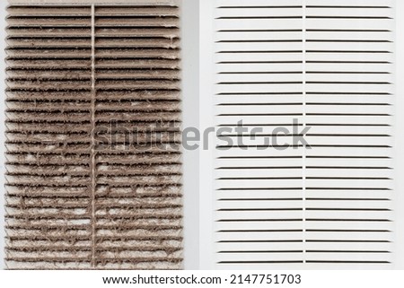 Clean and dirty hood grill. Background lattice of an exhaust hood. Before and after cleaning. Close up. Cleaning service Royalty-Free Stock Photo #2147751703