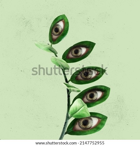 Spring holidays. Contemporary art collage with flowers with an eyes inside it on light background. Modern design. Creative and monochrome collage. Beauty, art, vision. Eyeball in flower. Royalty-Free Stock Photo #2147752955