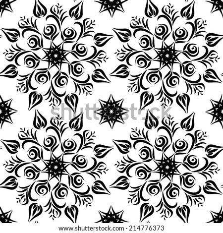 Seamless pattern with abstract roses and curls, symmetrical, monochrome