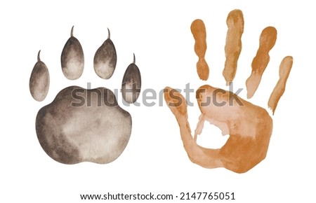 Watercolor illustration of hand painted hand print of men, woman, children and tiger's, bear's, cat's, dog's paw, foot print with claw. Isolated clip art elements of human and animal friendship