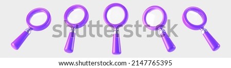 3d purple magnifying glass icon set isolated on gray background. Render minimal transparent loupe search icon for finding, reading, research, analysis information. 3d cartoon realistic vector Royalty-Free Stock Photo #2147765395