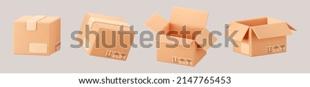 3D cardboard box icon set with symbols isolated on gray background. Render delivery cargo box with fragile care sign symbol, handling with care, protection from water rain. 3d realistic vector Royalty-Free Stock Photo #2147765453