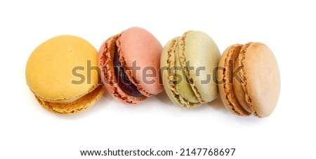 Sweet and colorful french macaroons or macaron on white background, Dessert.