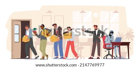Boss Replacing Employees on Robot. Workers Characters Leaving Office with Stuff in Carton Boxes due to Dismissal from Workplace. Automation, Futuristic Technologies. Cartoon People Vector Illustration Royalty-Free Stock Photo #2147769977