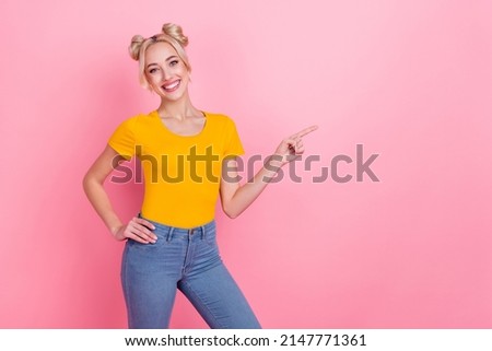 Photo of sweet millennial blond lady index promo wear trend cloth isolated on pink color background