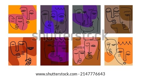 Set of abstract continuous line face portrait vector illustration. Aesthetic contour,modern, decorative,ethnic style.