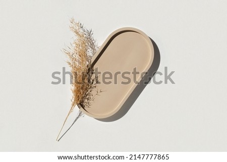 Podium for cosmetic product presentation. Abstract minimal geometrical form on white background. Oval stone form, shadow. Scene, Showcase, display. Minimal design. Trendy sunlight. Flat lay, Top View.