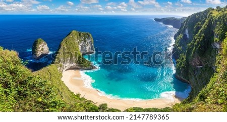 Panorama of  Kelingking Beach in Nusa Penida island, Bali, Indonesia Royalty-Free Stock Photo #2147789365
