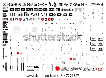 Video and photo camera viewfinder display signs. Focus, grid, zoom, shutter, preview, record frame vector symbols of shooting menu. Cam screen settings of exposure, aperture, battery, flash buttons Royalty-Free Stock Photo #2147791847