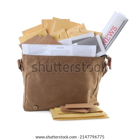 Brown postman's bag with envelopes and newspapers on white background