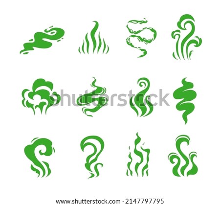 Green bad smell, cartoon smoke effects. Vector clouds of stink odor, breath and fart stench, toxic gas steam, odour, mist or fog, scent of rotten food, dirty body or sweat, isolated bad smell swirls Royalty-Free Stock Photo #2147797795