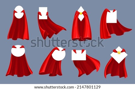 Hero and super hero red capes and cloaks with collar. Cartoon vector textile clothes with empty banners of round, oval, rectangle and square shape. Superhero costume with golden star clasp and placard Royalty-Free Stock Photo #2147801129