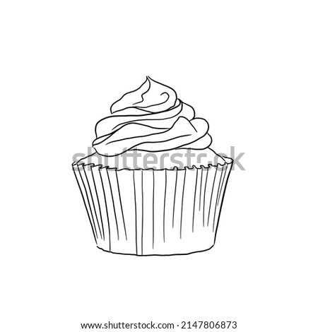 Sketch cupcake with cream on a white background. Black and white illustration of a muffin.