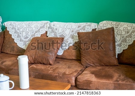 Old time retro style living room coffee table and sofa