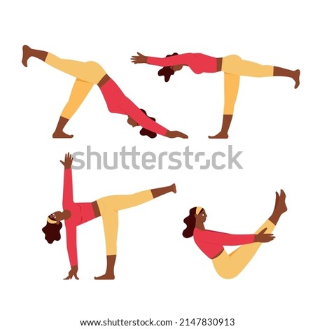 Collection of yoga asanas, poses. African american woman practicing yoga. Flat vector illustration, isolated characters. Workout girl set