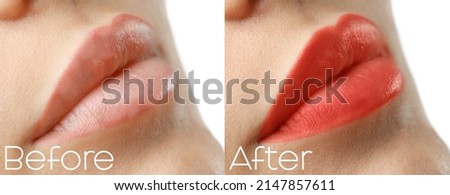 Collage with photos of young woman before and after permanent lip makeup, closeup. Banner design