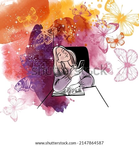 Romantic teenager girl with a book and a smartphone against a background of butterflies. Sketch and watercolor illustration.