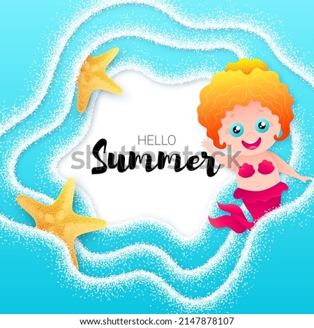 Vector Illustration. Text Hello Summer. Redhead Curly Smiling Cartoon Mermaid with Pink Tail. Wavy Blue Sea. Yellow Starfishes. Bright Banner Design. Royalty-Free Stock Photo #2147878107