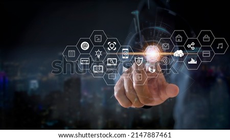 Man hand use finger touch fingerprint connect to cloud  Digital transformation, new technology and business process strategy, automate operation, customer service management, social network.