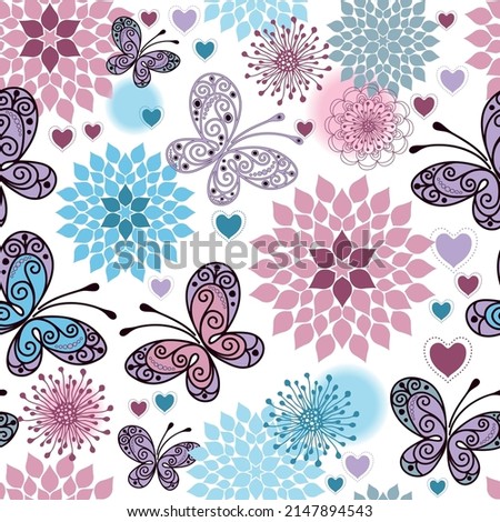 Seamless pattern with butterflies, hearts and flowers.  on a transparent background. Vector eps 10 Valentine. 