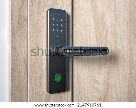 Wood door with smart lock, touch screen keypad and fingerprint, key less access Royalty-Free Stock Photo #2147910761