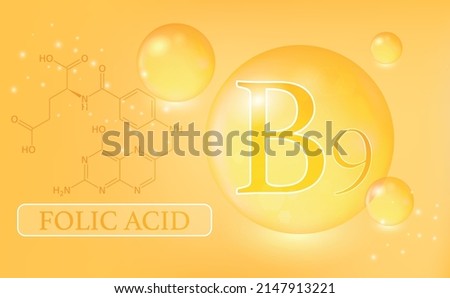 Vitamin B9, folic acid, water drops, capsule on an orange background. Vitamin complex with chemical formula. Information medical poster. Vector illustration Royalty-Free Stock Photo #2147913221