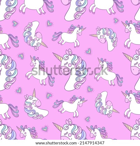 Cute unicorn and heart seamless pattern on pink background. Vector illustration suitable for baby clothing design and for scrapbooking design for wrapping and digital paper.