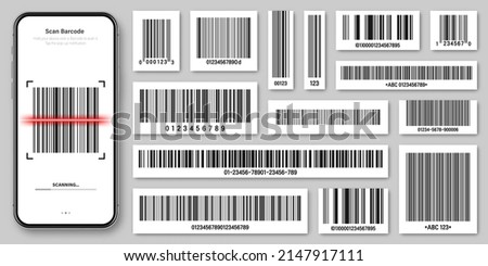 Product barcodes collection. Smartphone application, scanner app. Identification tracking code. Serial number, product ID with digital information. Store, supermarket scan labels, vector price tag.