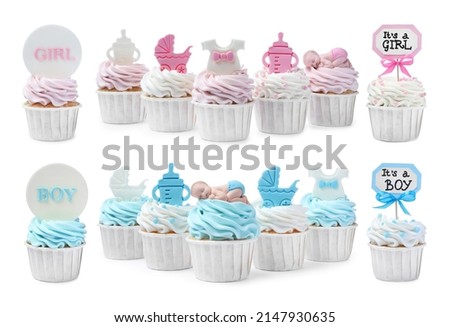 Beautifully decorated baby shower cupcakes on white background, collage