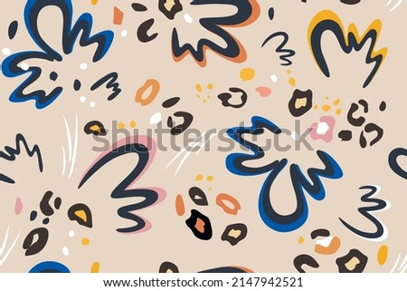 Seamless background with minimalist modern abstract pattern and spots of leopard skin. Fashionable template for design in modern style