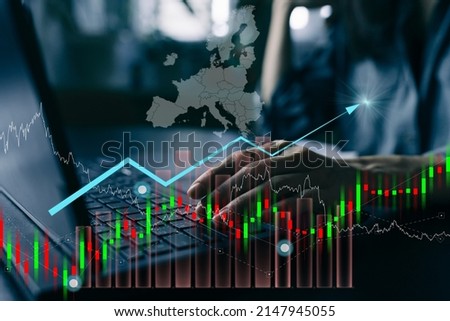 Uptrend financial chart of inflation rate and energy price in Europe, Grow of Inflation and unemployment raterising. Global Financial crisis in world in 2022 due to the conflict with Ukraine vs Russia Royalty-Free Stock Photo #2147945055