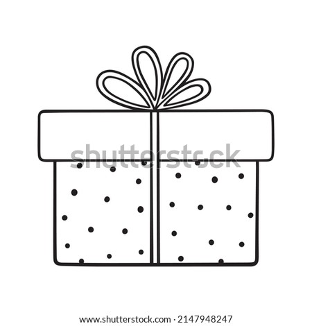 Hand drawn gift box doodle.  Present box with bow and ribbon in sketch style. Vector illustration isolated on white background.