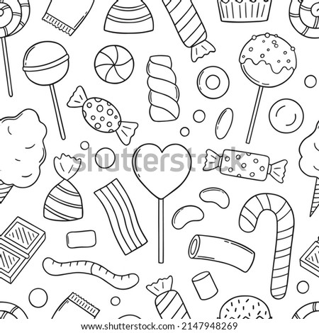 Hand drawn seamless pattern of sweets and candies doodle. Lollipop, caramel, chocolate, marshmallow in sketch style.  Vector illustration.