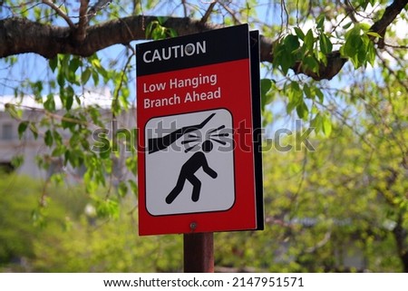 Caution, low hanging branch ahead red and white sign with icon representation hanging on a pole with trees in the background